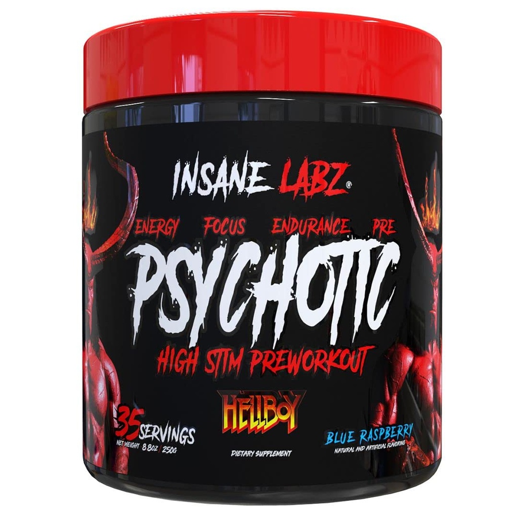 Insane Labz Hellboy Edition, High Stimulant Pre Workout Powder och NO Booster med Beta Alanine, L Citrulline och koffein, ökar fokus, energi, uthållighet, Nitric Oxide Levels, 35 Srvgs, Blue Rasp