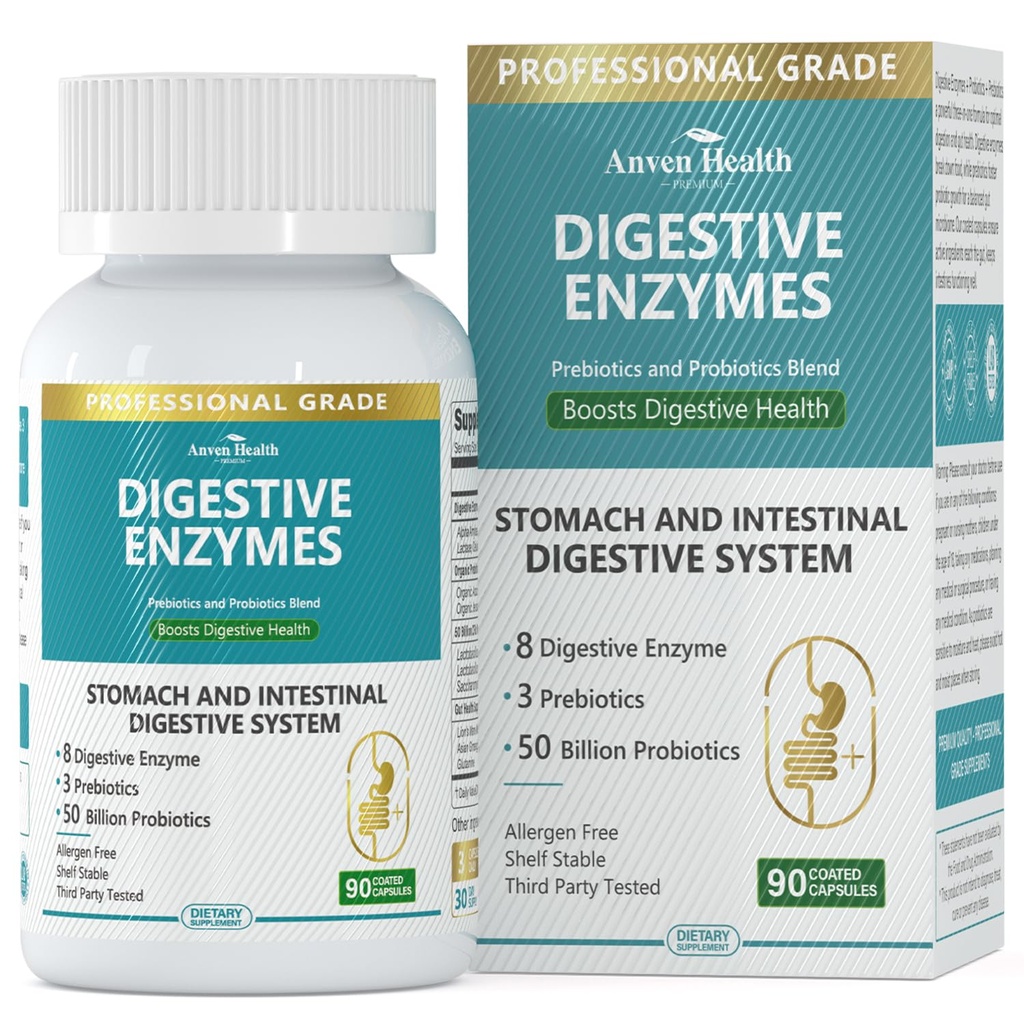 800mg Dgestive Enzymes for Men and Women with Probiotics & Organic Prebiootics, 8 Key Enzymes, Proteaasi, Amylase & Lipase for Bloating, Gas Relief, Non- GMO 90 kapselia