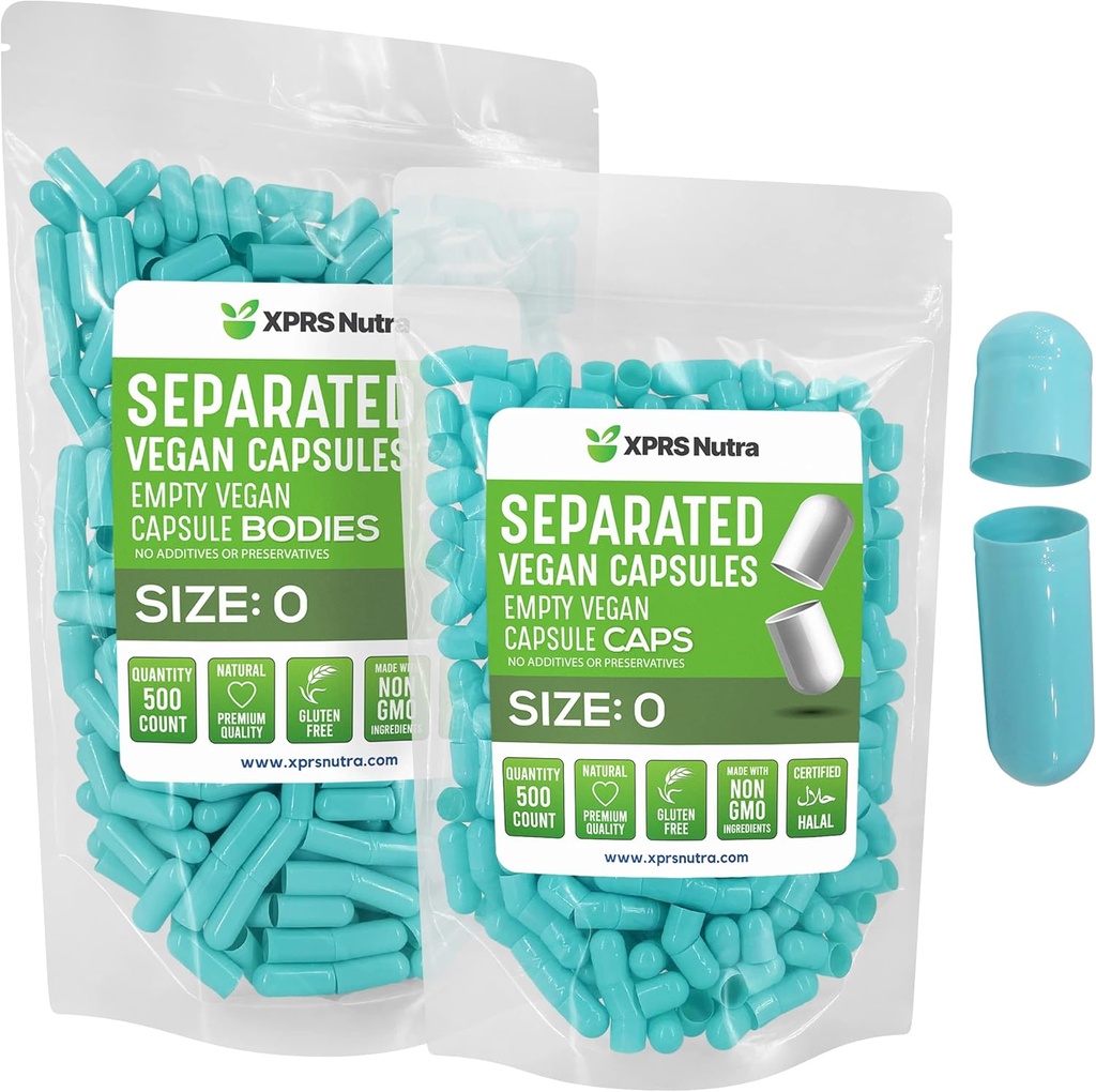XPRS Nutra Vegan Size 0 Separerade kapslar - 500 greve Premium Empty Capsules Separerade i väskor - Pills 0 Empty för DIY Supplement Filling (Aqua)