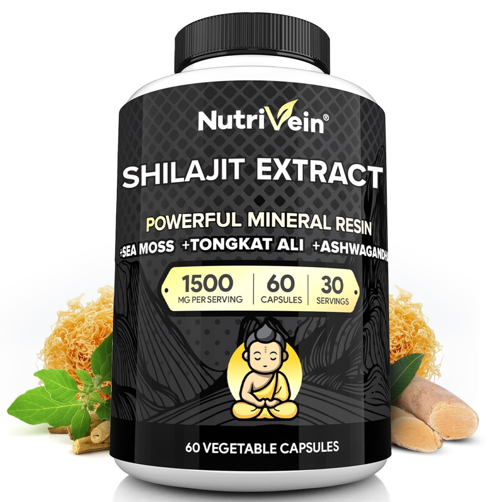 Nutrivein Premium Pure Himalayan Shilajit för män och kvinnor - 1500 mg - 60 kapslar - Kraftfull Resin Extract Blended med Irish Sea Moss, Tongkat Ali, & Ashwagandha - Vitalitet, Clarity, & Performance