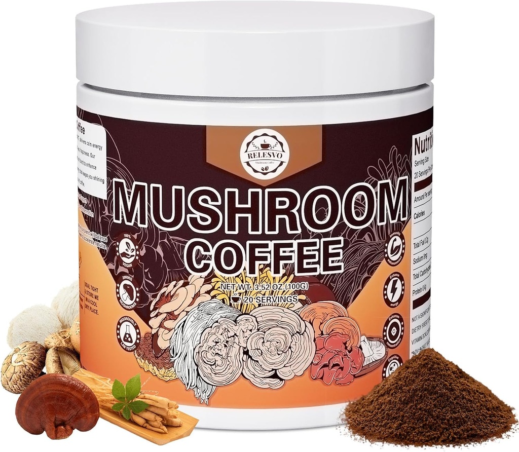 Sienikahvi, pikasieni Kahvisieni Powder Blend (20 tarjoilua) Cordyceps, Reishi, Lion's Mane, Shiitake, Kuningas Trumpet, Sieni täydentää energia, Focus, Immuuni tuki