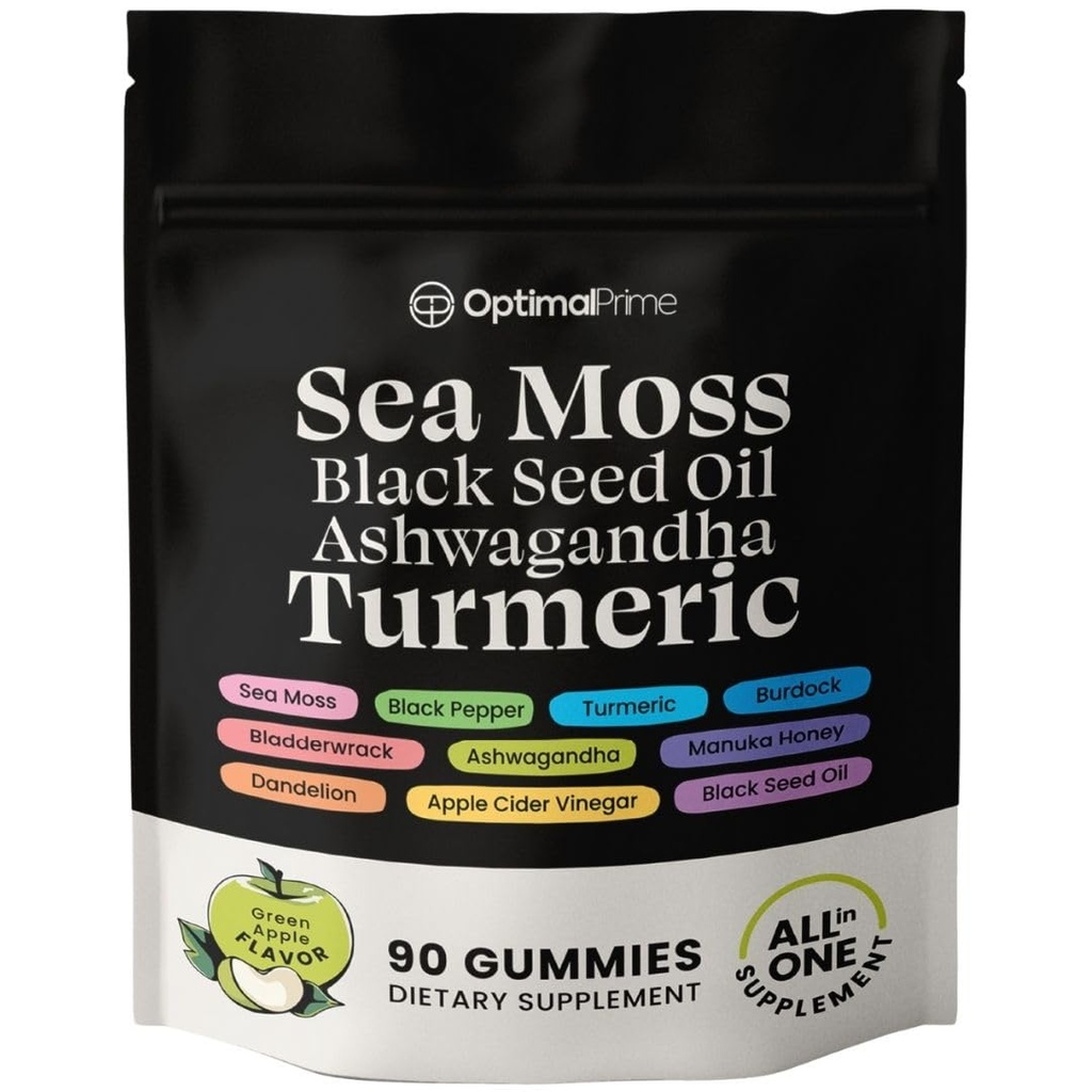Optimal Prime Sea Moss and Black Seed Oil Gummies, Ashwagandha, Turmeric, Manuka Honey, ACV, Voikukka, Black Pepper, Burdock, Blackderwrack, Vegan, 90 Gummies 45 päivän tarjonta