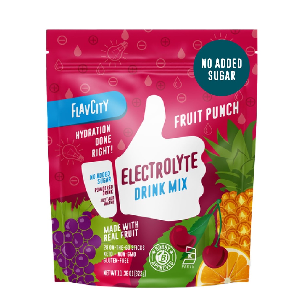 FlavCity Fruit Punch Electrolytes Powder Packets - 28 Hydration Packets - No Added Sugar - Hydration Powder med Real Fruit & Unrefined Sea Salt - Keto & Gluten-Free (28 Stick Pack)