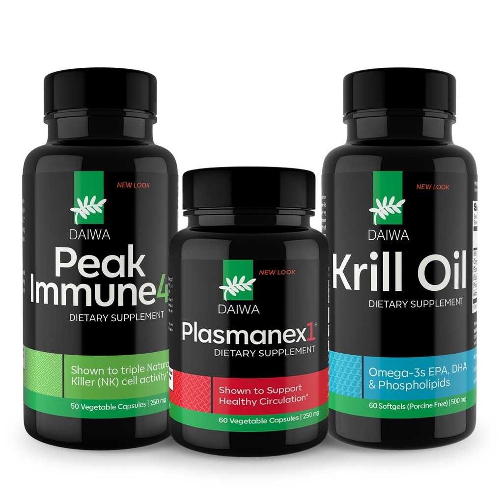 Daiwa Peak Immune 4 - Natural Immune System Booster + Plasmanex 1 - Blodcirkulation Supplement + Krill Oil - Omega 3 Krill Oil kapslar