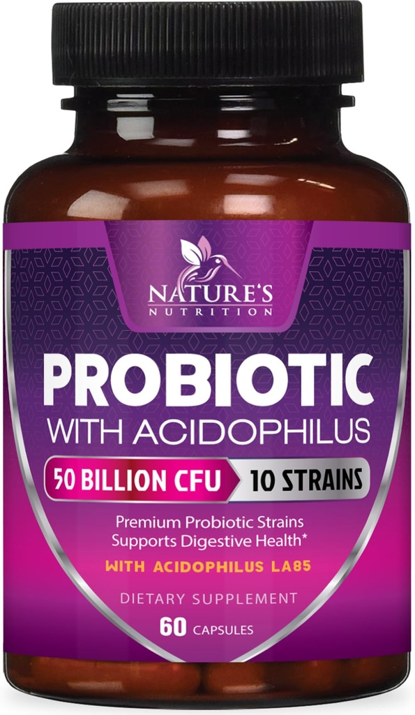 Probiotika 60 miljarder CFU per servering - 10 stammar + prebiotika - Digestive Health, Gut & Immune Support - Stöder Occasional Constipation, Gas & Bloating för kvinnor och män Shelf Stable - 60 kapslar