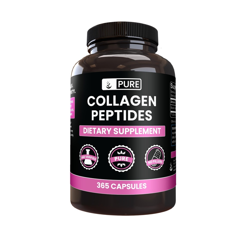 PURE ALKUPERÄISET AINEET Kollageeni-Peptidit (365 kapselia) Ei magnesiumia tai riisiä, aina puhdasta, Lab varmistettu