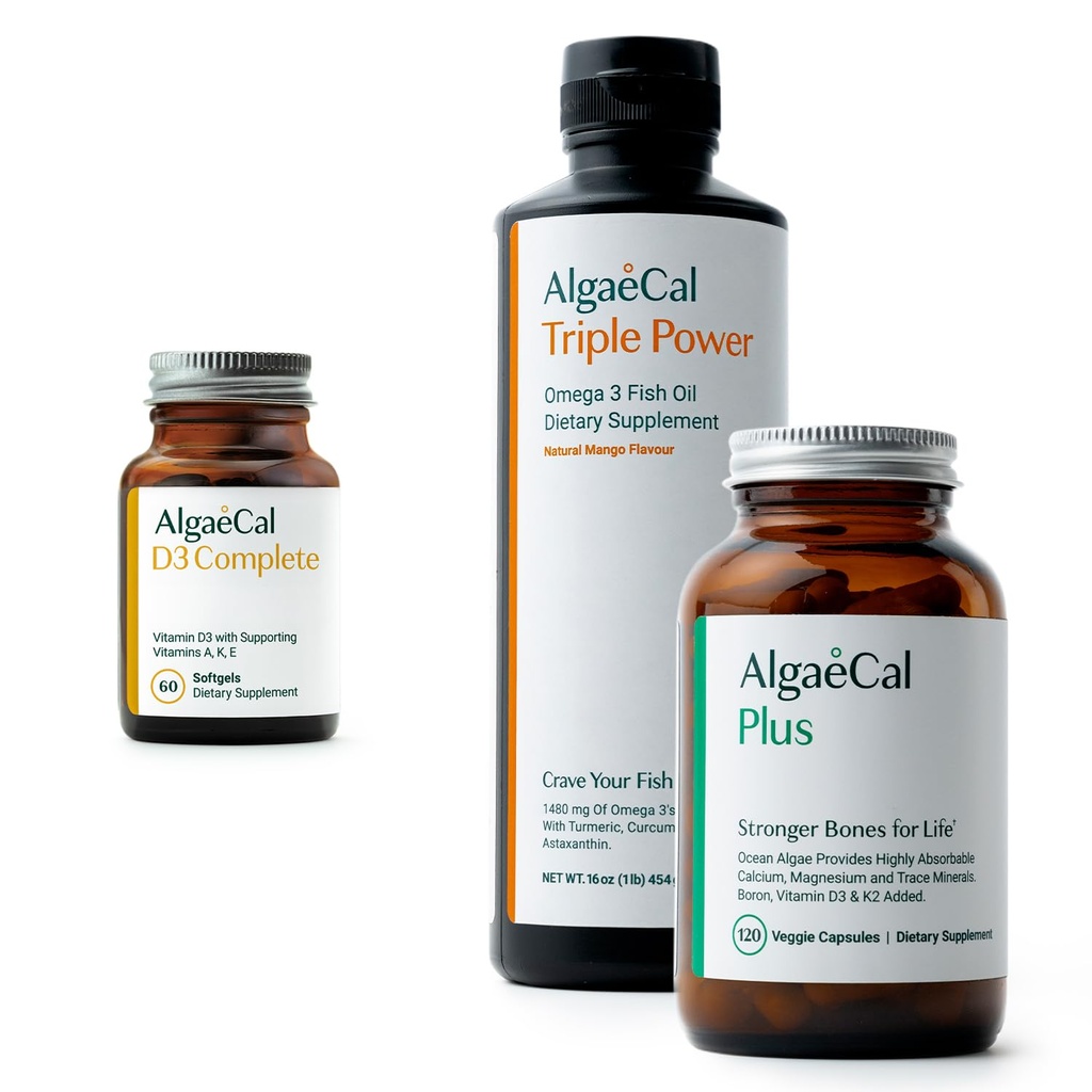 ALGAECAL Bundle - D3-vitamiini Täydellinen (1000 IU) + K2-vitamiinit, E & A-vitamiini ja kasviperäinen kalsium vahvempiin luuihin ja kalaöljyihin Omega 3 1200 mg EPA DHA