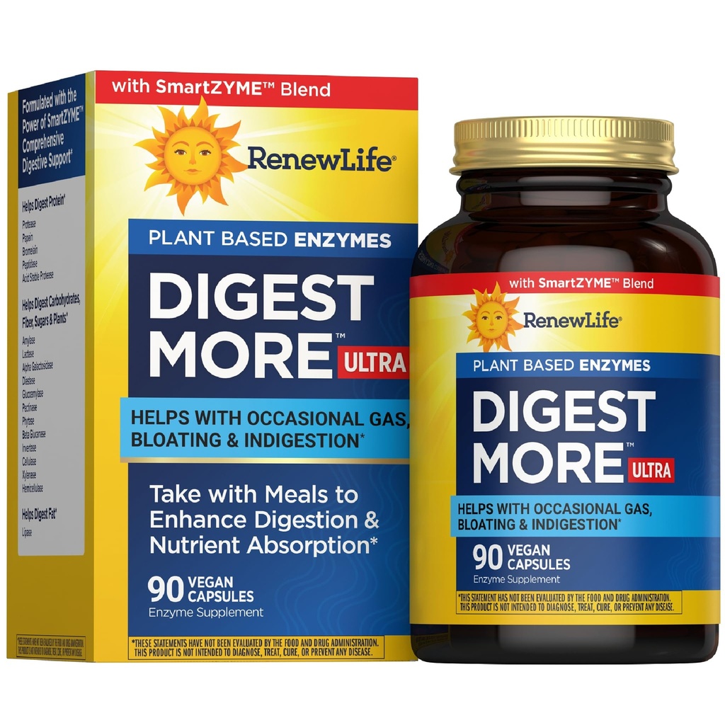 Renew Life Adult DigestMore Ultra Enzymes - Ultra-Strength Plant-Based Digestive Enzyme Formel för män och kvinnor - 90 vegetariska kapslar