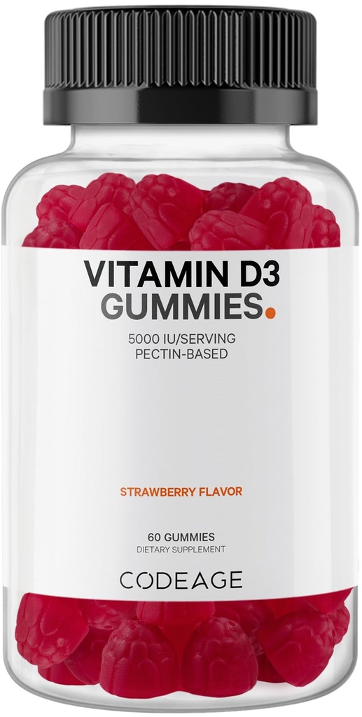 Koodi D3-vitamiini Gummy-vitamiini, D3-vitamiini 5000 IU Gummie Kolekalsiferoli 125 mikrog - 2-kuukautinen tarjonta - pehmeä Pektiini-pohjainen, eläinten liivate-vapaat vitamiinit Gummy, mansikka, Gluteeniton - 60 Gummia
