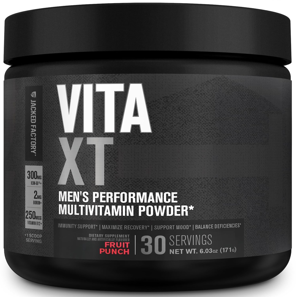 Jacked Factory Vita XT Performance Powder - Päivittäinen monivitamiinijauhe miehille KSM-66 Ashwagandha, prebioottikuitua, A-vitamiinia, C, D, K, B6, B12, & More - hedelmän mehu, 30Sv