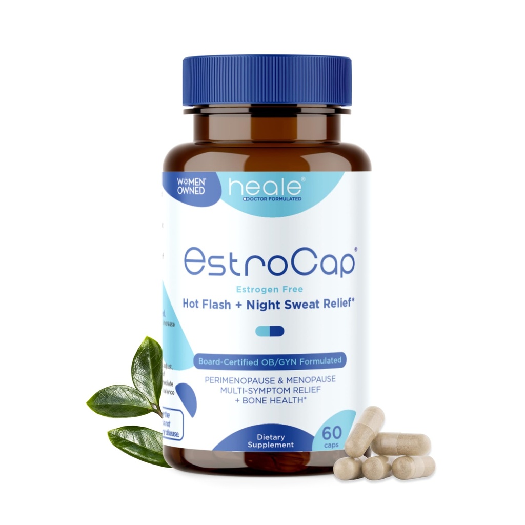 Estrocap Menopause Supplements for Women by Heale Health - Menopausal Relief Vitamins for Hot Flashes and Night Sweats - hjälper till att upprätthålla benhälsa och humörstöd - Valerian Root & Black Cohosh