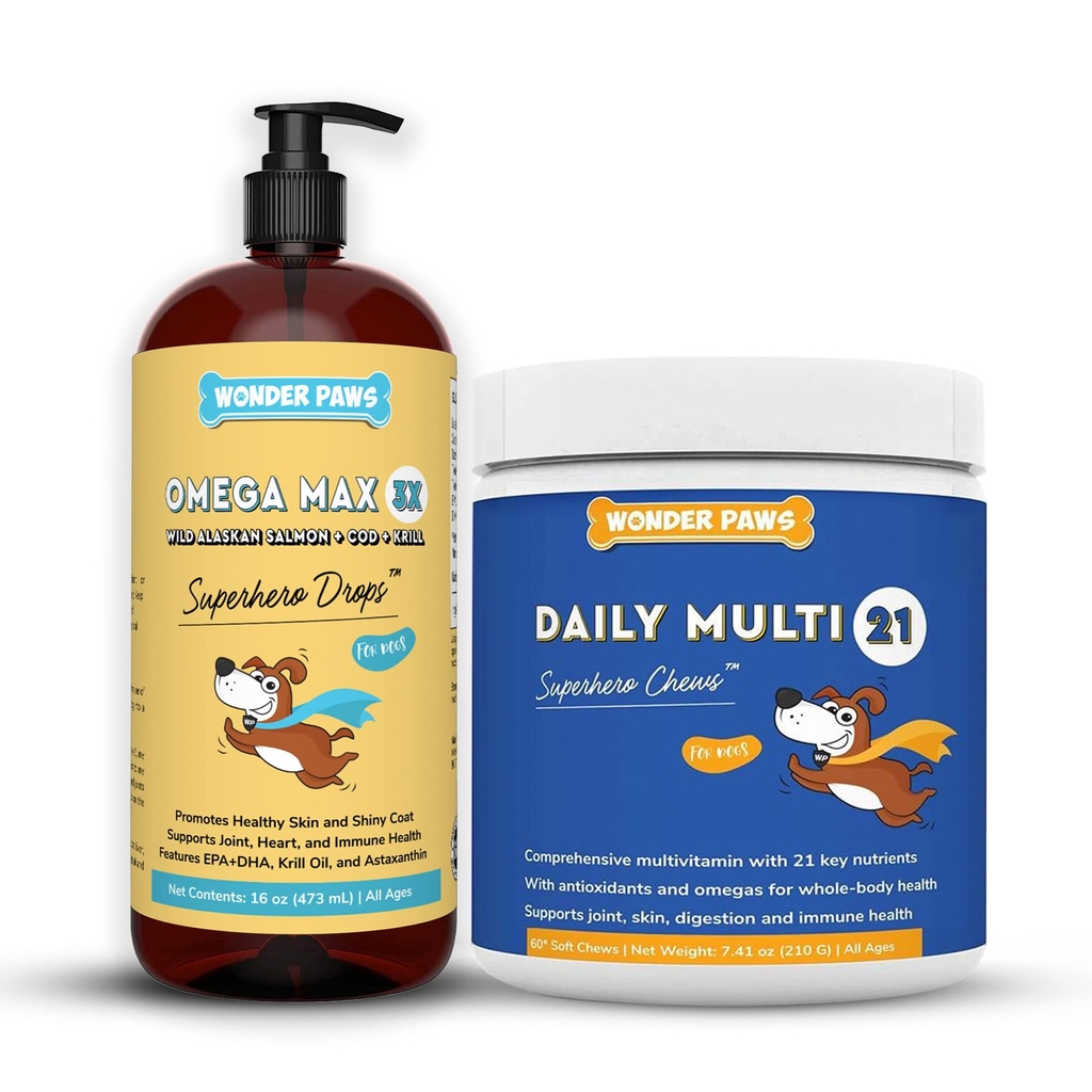 WONDER PAWS Omega Max Fish Oil Plus Daily Multivitamiini purukumia - koira Joint Health, ihon Kosteus, Immuniteetti Tuki & Päivittäinen hyvinvointi - Omega Max 16 Ounces - Multivitamiini 60 purukumia
