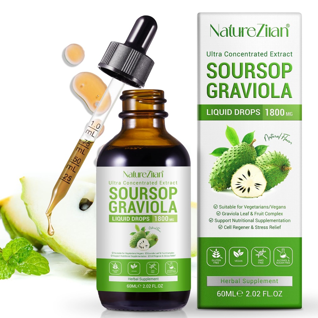 Soursop Graviola Liquid Drops - Soursop Bitters Liquid - Soursop Lehdet Extract - Luonnollinen antioksidantti - Cell Support & Regeneration - Immuuni Boost - Rentoutua - Maksa ja uni (1)