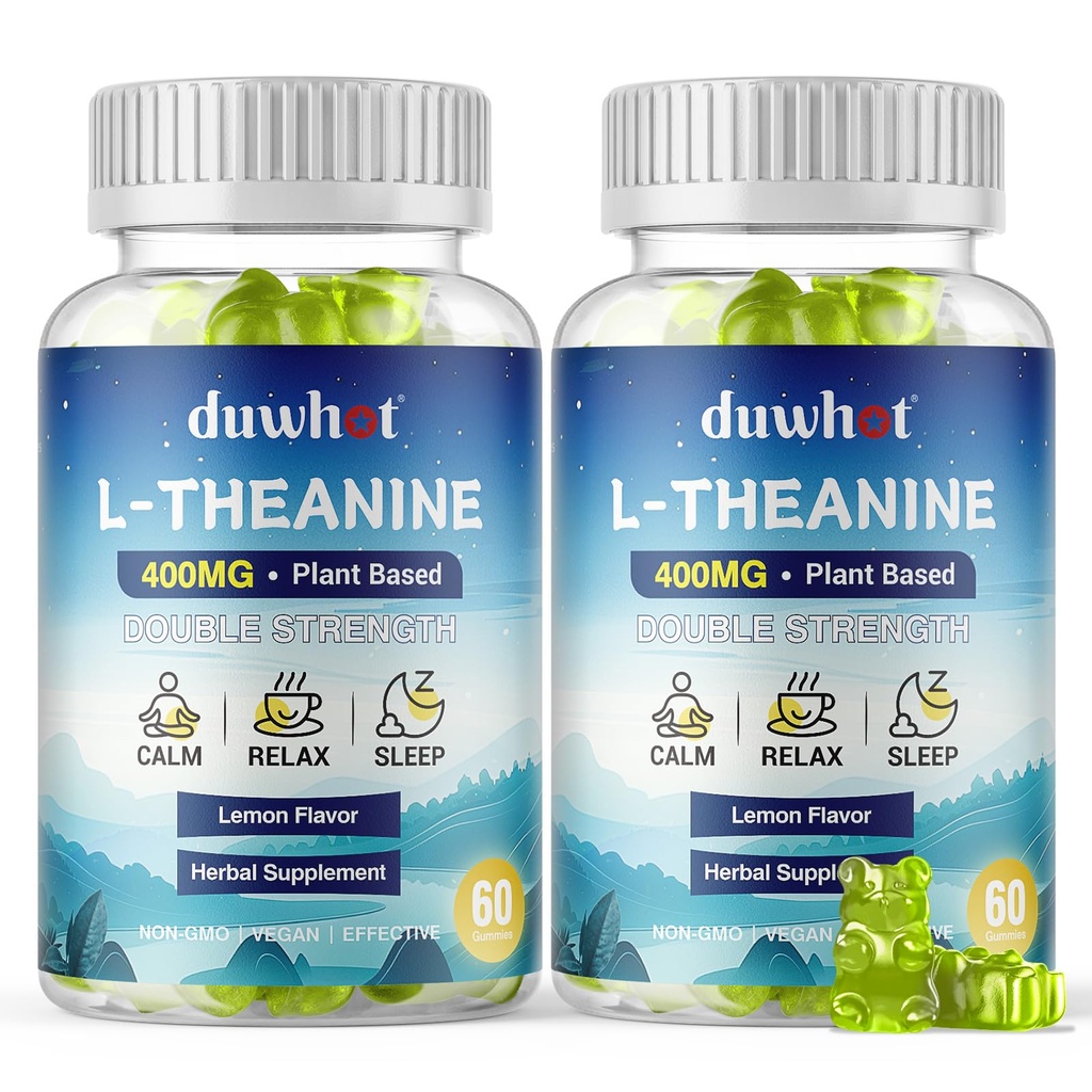 L-Theanine Gummies 400 mg, pureskeltava Theanine Supplement aikuisille & Kids 4+, Natural Stress Relief, zzZ & Focus Supplement, Vegan, Low Sugar, Non-Drowsy, Lemon Flavor, 120 Pureskella