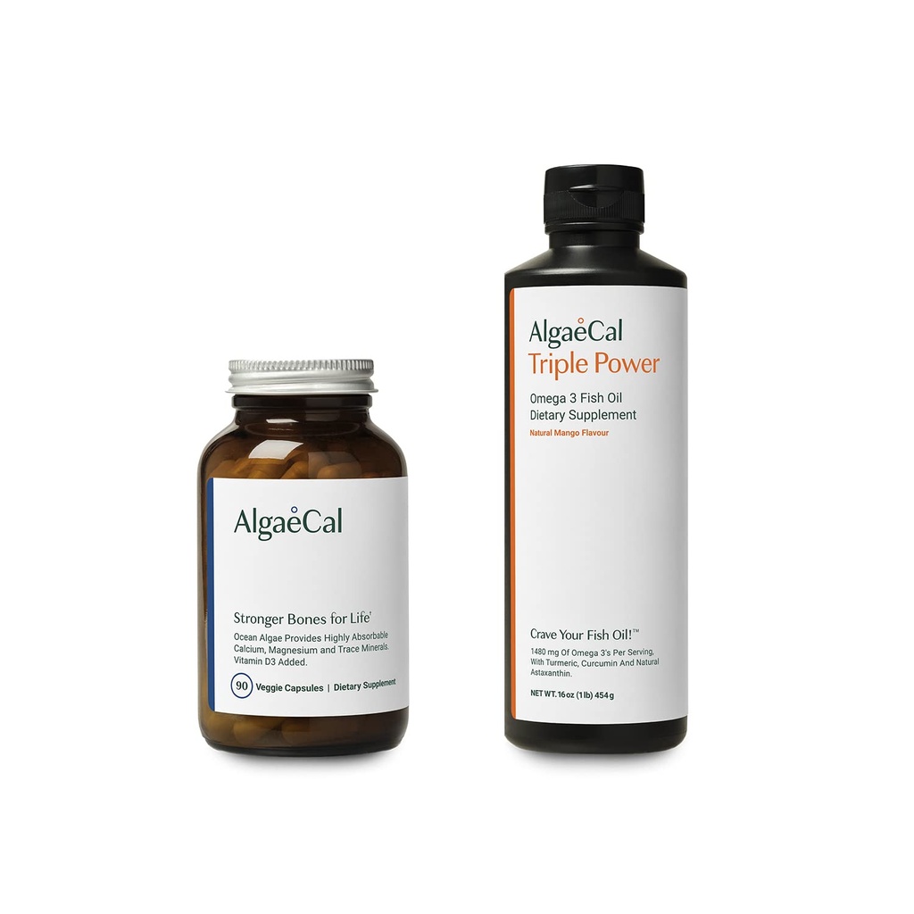 AlgaeCal Bundle - Plant Based Calcium Supplement med vitamin D3 för Benhälsa & Styrka & Triple Power Omega-3 Fisk Oil Natural Liquid Emulsion med EPA & DHA, Curcumin, Astaxanthin