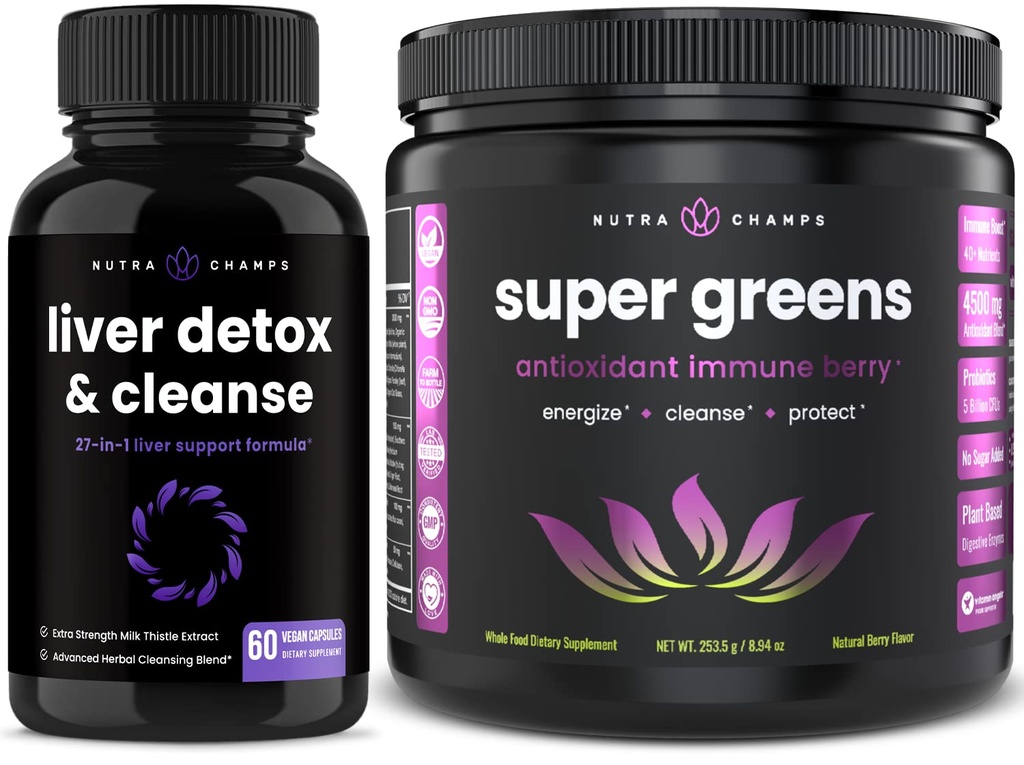 NutraChamps Liver Cleanse Detox Capsules och Super Greens Antioxidant Superfood Powder Bundle