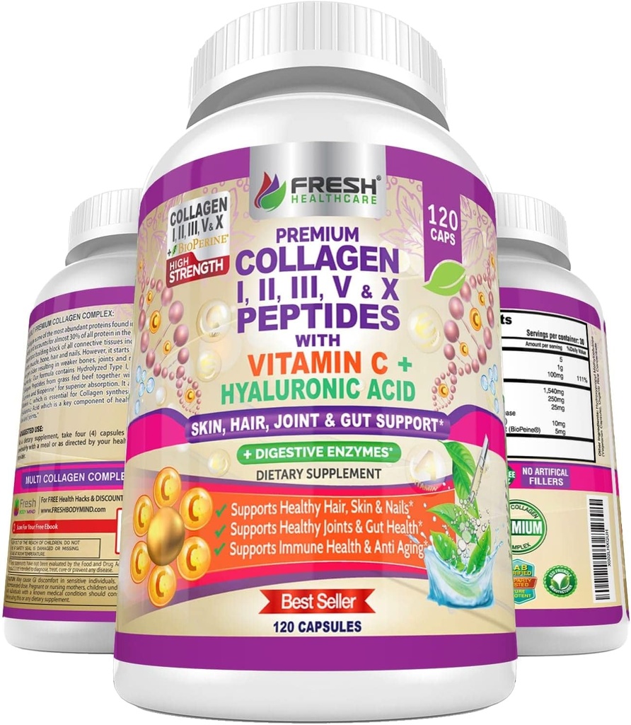 TUOREET TERVETULOA Multi Collagen pillereitä tyypin I, II, III, V & X Peptides kanssa C-vitamiinia, hyaluronihappoa - tukee terve hiukset, iho, kynnet ja nivelet - 120 Kosher Kapselit