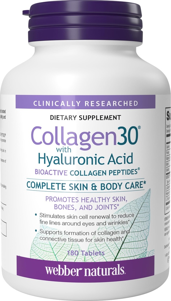 Webber Naturals Collagen30 hyaluronihappo, Bioaktiivinen Collagen Peptides, 180 tablettia, auttaa vähentämään silmien ryppyjä ja hieno kasvolinja, ei GMO