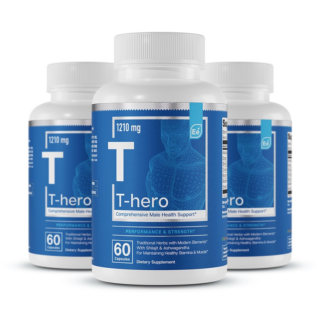 Essential Elements Mies terveys täydentää - Lihastuki & T-Terveys DIM, Ashwagandha, Shilajit, Lisää T-Hero 60 Vegan kapselit (3-pakkaus)