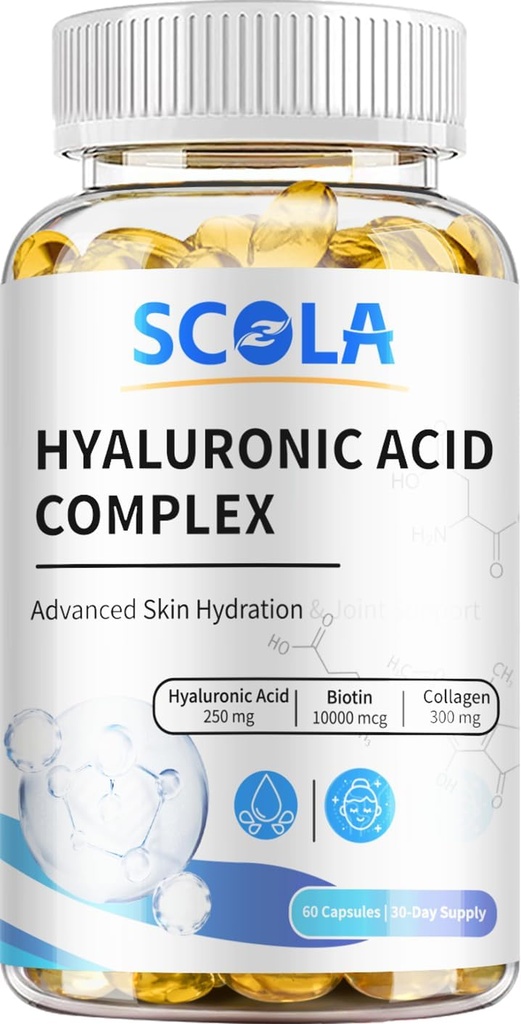 SCOLA Hyaluronic Acid Capsules - 250 mg HA + 10 000 mikrog Biotin, 60 vegan kapselia