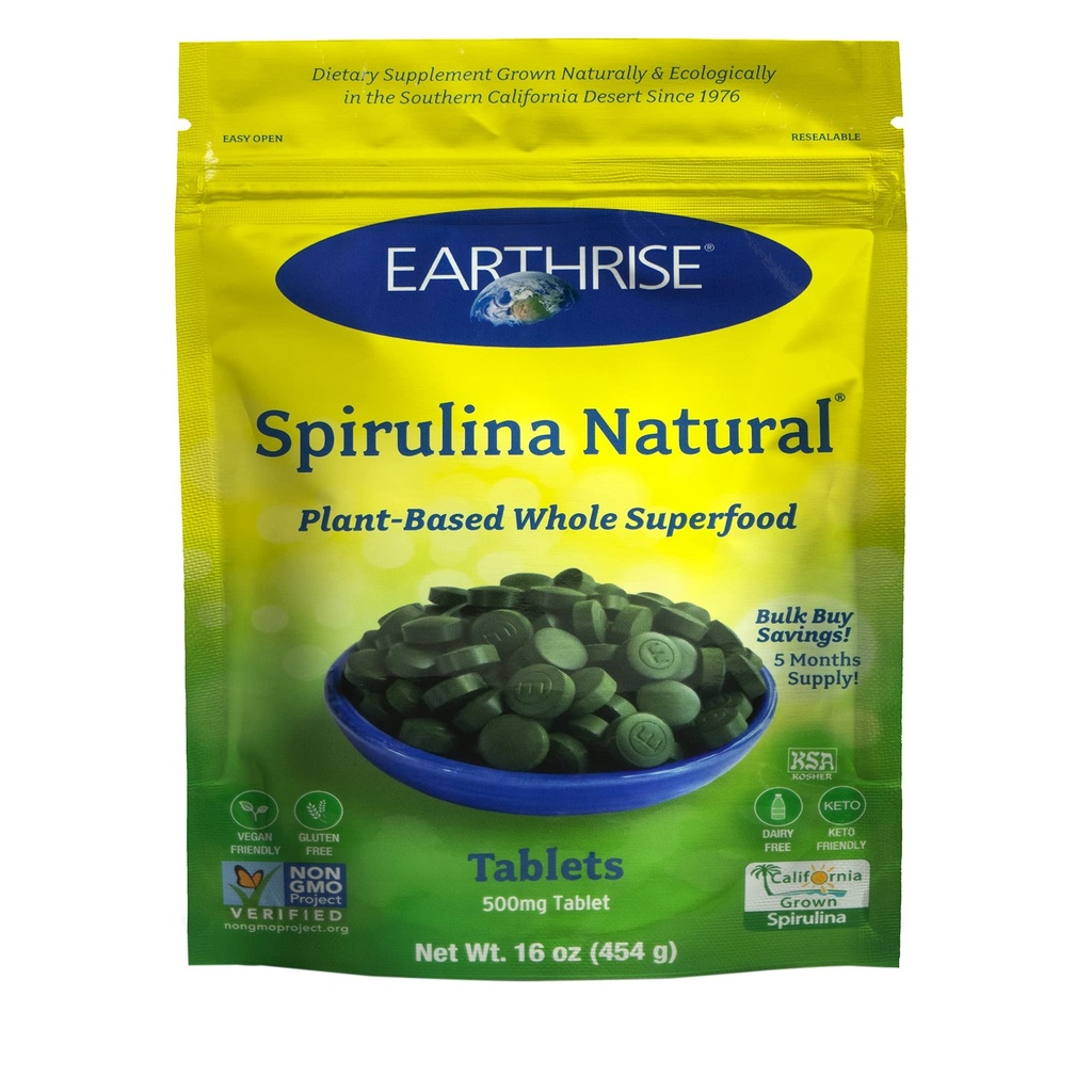Earthrise Spirulina, Puhdas Kalifornialainen Spirulina 500 mg, Vegaani, Gluteeniton, Keto Friendly, Ei-GMO Super Food korkea vitamiineja ja kivennäisaineita., 1 LB Tabletit (150 tarjoilu)