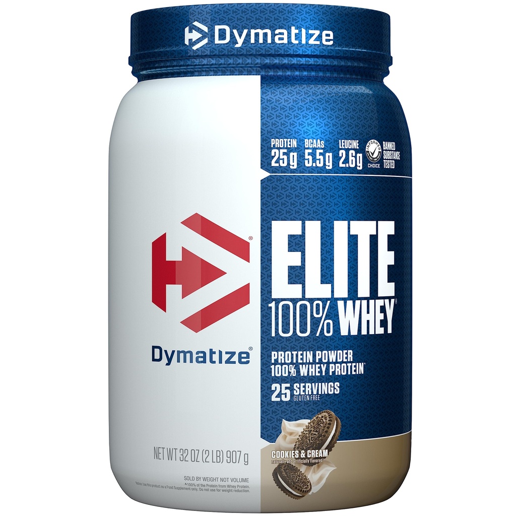 Dymatize Elite 100% Whey Protein Powder, Cookies & Cream, 25 g proteiinia, 5,5 g BCAA:ta, vähemmän kuin 140 Cal., Gluteeniton, 3g Carb, 2g sokeria, 3g rasvaa (25 tarjoilua)