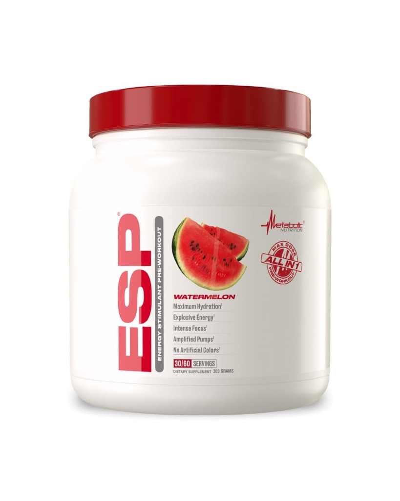 Metabolic Nutrition - ESP - Stimulating Pre Workout, Pre Intra Workout Supplement, Energy & Endurance Stimulating, Natural, Safe & Mental Focus, Watermelon 300 Grams (90 portioner)