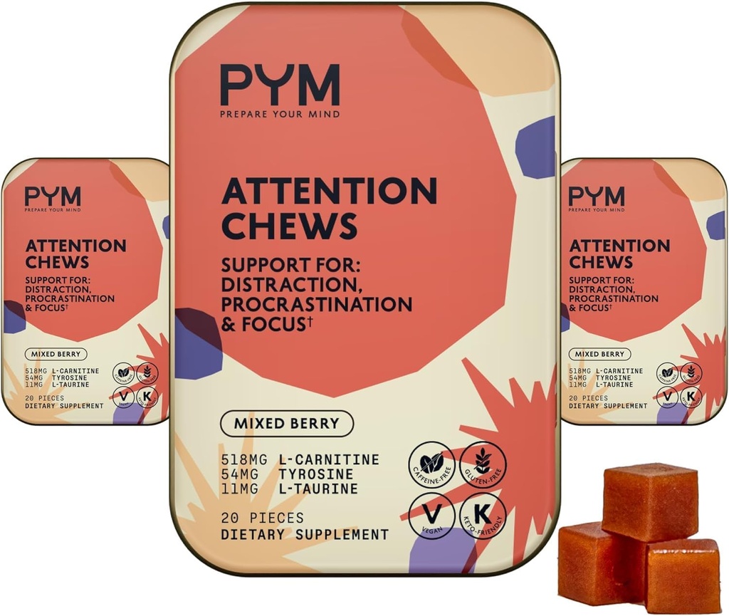 PYM Attention Chews Support for Procrastination, Focus & Tuottavuus, 60 Count ...