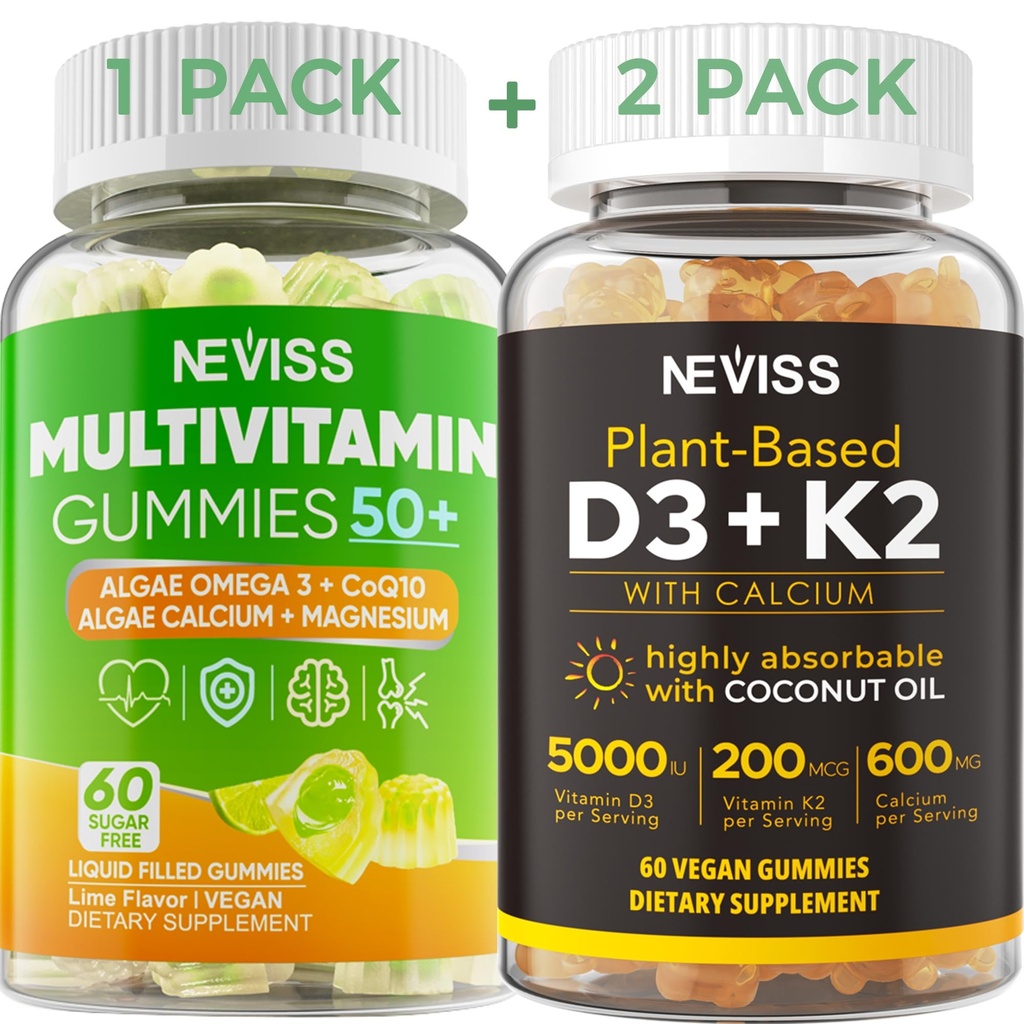 NEVISS 50+ Daily Gummy Multivitamiini Algae Omega 3 & Kalsium, CoQ10, magnesium + D3-vitamiini 5000IU Gummies 125mcg ja kalsium 600 mg, K2(MK7) 200 mcg