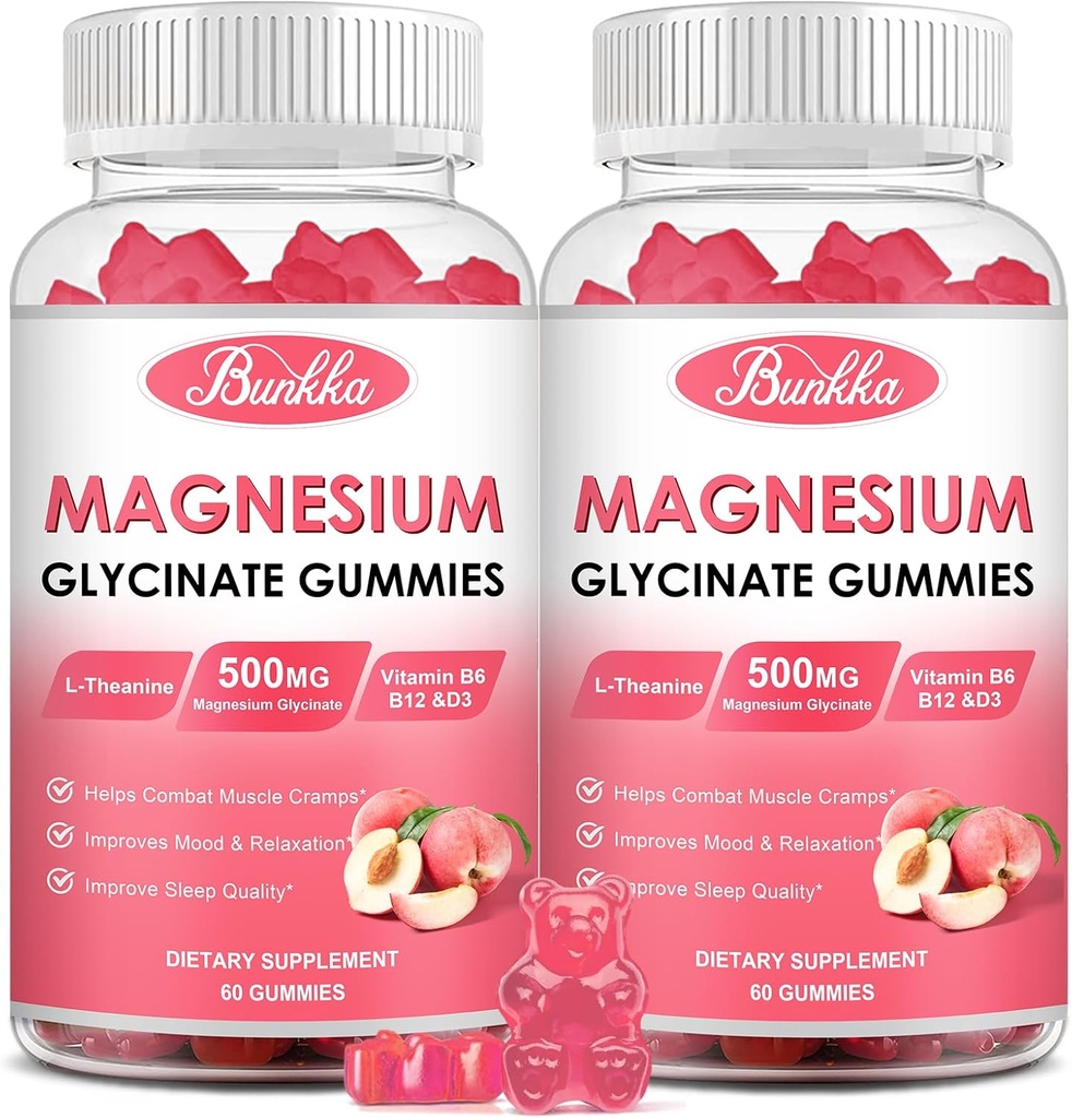 (2 Pack) Magnesium Glycinate Gummies-Magnesium Glycinate 500mg, Magnesium Complex Supplement med kalium, VitaminD, B6 för lugn, Sleep & Stress Relief-Sugar Free, 120 Peach Magnesium Gummies