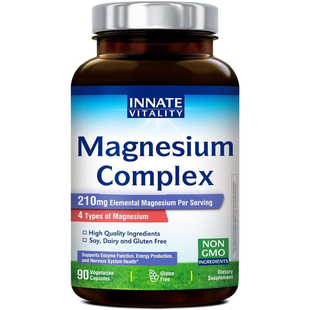 Innate Vitality Magnesium Complex - Magnesium Glycinate, malaatti, sitruuna, oksidi, 4-in-1 Formula for Energy, Bones & Nerves, Vegan & No Gluten, 90 kapselia