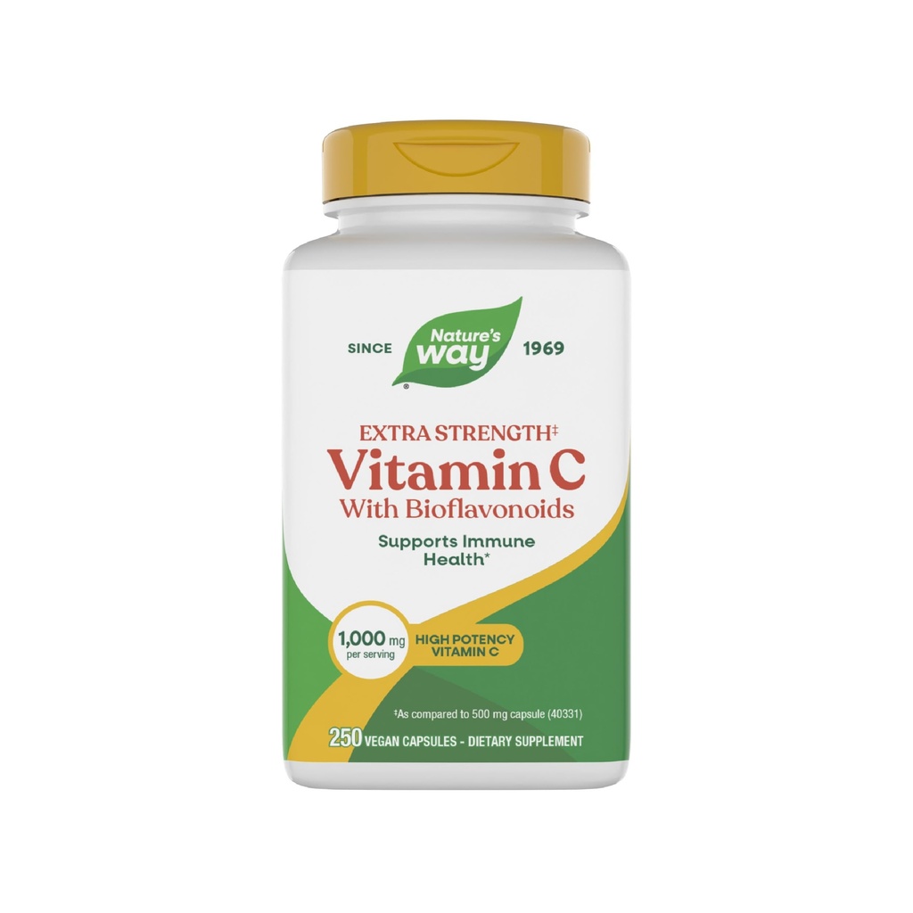 Nature's Way Extra Strength C-vitamiini bioflavonoidien kanssa, edistää Collagen Production for Healthy Skin*, 1g C-vitamiini askorbiinihappona per kapseli, 250 Vegaanikapselia (Packing May Vary)