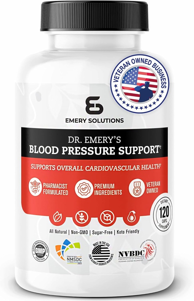 Dr Emery's Blood Pressure Support Supplement, magnesium, sinkki, D3-vitamiini, kalium, Vegan-Approved, sokeriton, muotoillut kliininen farmaseutti, 120 kapselia, 30 päivän toimitus
