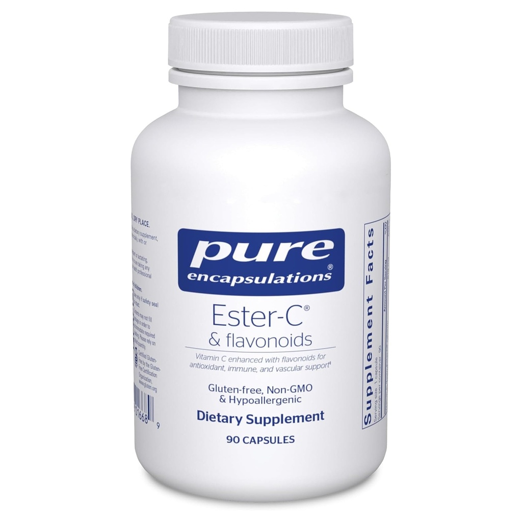 Puhtaat kapselit Ester- C & Flavonoidit - C-vitamiinilisä antioksidanteille - Immuuni- ja verisuonitukos* kalsium- ja ruosteen kanssa - Hellävarainen digestio - Vegan & non-GMO - 90 kapselia