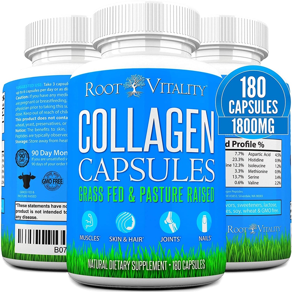 Root Vitality Collagen Peptides Kapselit - Grass-Fed, Pasture-Raised Hydrolyzed Protein Supplement for Skin, Hair, & Nails - ei-GMO, nolla sokeri päivittäin pillereitä miehille ja naisille (180 kapselia)