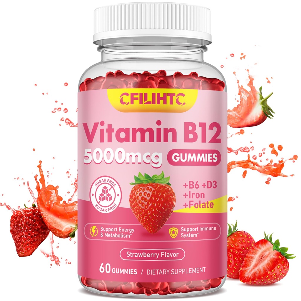 Vitamin B12 Gummies för kvinnor och män, 5000mcg Methyl B12 Gummies med vitamin B6, D3, järn, folat för vuxna, stöder energi och metabolism Boost, humör, immun och nervsystem, sockerfri jordgubbe