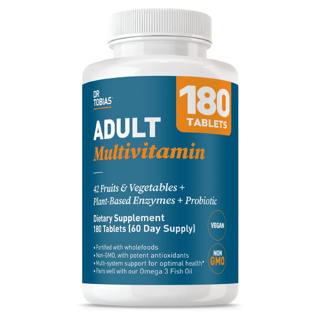 Tobias Adult Multivitamiini naisille ja miehille, Immuuneja tukevat vitamiinit 42 Hedelmät, Vihannekset, Plus Probiootit, Vegan Multivitamiinit miesten ja naisten, ei-GMO, 180 tablettia, 60 tarjoilua