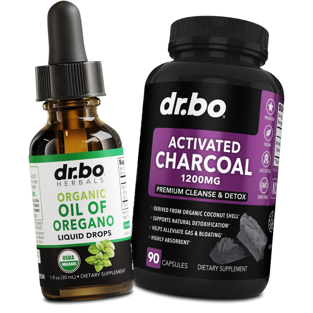 Oregano Oil Organic Liquid Drops & Charcoal Capsules - Öljy Oregano Drops Tincture Extract & Charcoal pillereitä Smach Gas Cleanse Detox Immuno Support, Digestiivinen Binder - Organic