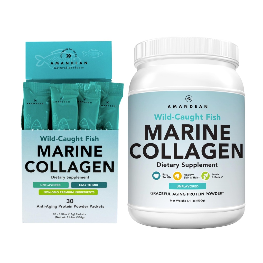 AMANDEAN Marine Collagen Duo. 500g kontti + 30 Matkapakkaukset. Hydrolysoitua kalakollageenia iholle, hiuksille ja kynsille. Pescatarian, Keto & Paleo- ystävällistä, mautonta