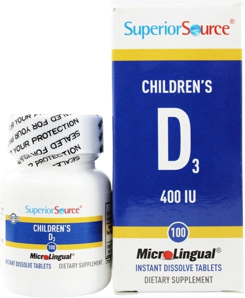 Superior Source Lasten D3-vitamiini 400 IU - Hampaat, luu ja immuuni tuki täydentää lapsille - ei-GMO - 100 MicroLingual liukenevia tabletteja