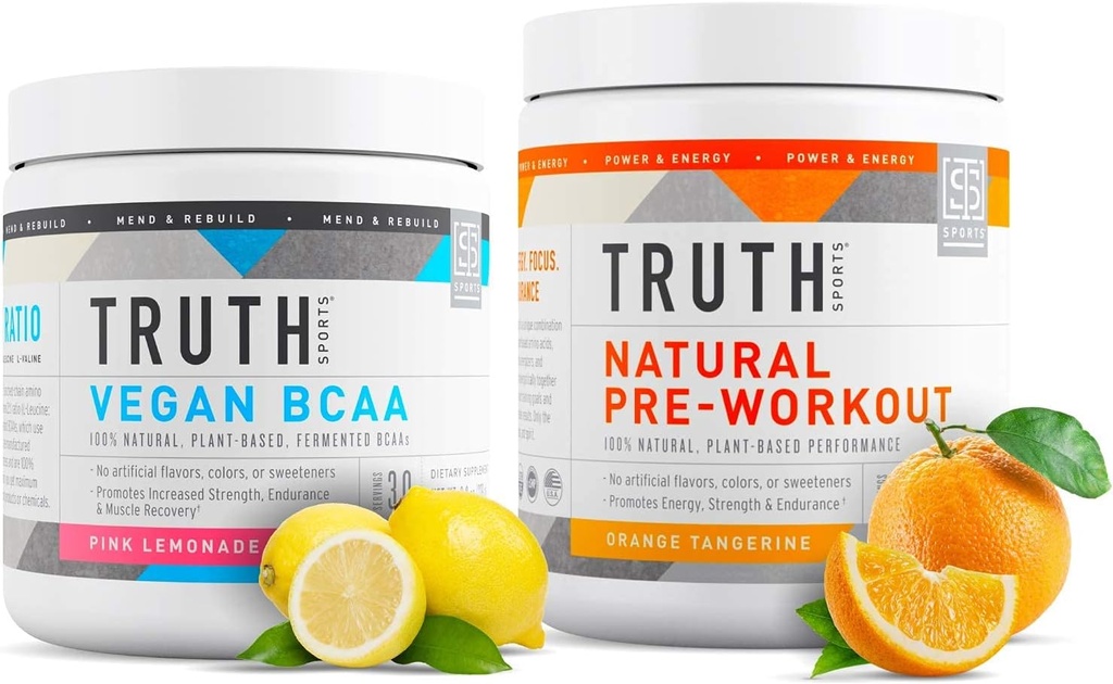 Totuus ravitsemus Natural urheilija harjoitus pino - Vegan BCAA (Pink Lemonade) + Natural Preworkout (Orange Tangerine)