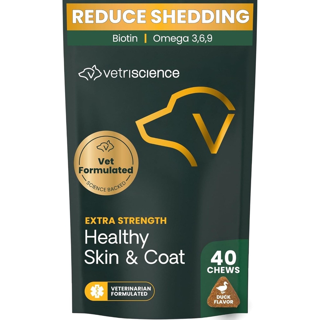 VetriScience Extra Strength Terve iho & takki Chews, Omega Plus täydentää koirille, tasapainotettu Omega 3, 6, 9, kalaöljy ja biotiini, ihon terveys, turkin kasvu ja kiilto, ankka, 40 kreivi
