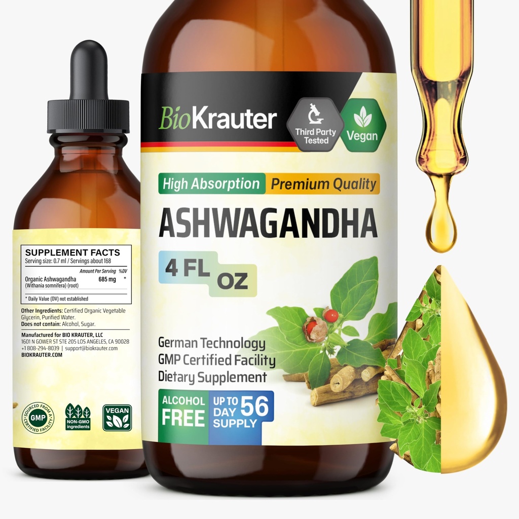 BIO KRAUTER Ashwagandha Liquid Drops - Ashwagandha Supplements for Calmness - Vegan Mood Support Drops - Alkohol & Sugar Free - 4 Fl.Oz.