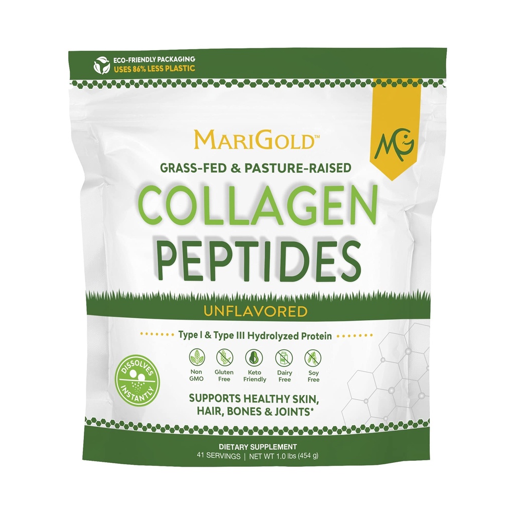 MariGold Grass-ruokittu Collagen Peptides Powder Mauton 1LB - 100% puhdas, tyyppi I & III Naudan hydrolysoitu kollageeni, ei-GMO, Hormoni-Gluteeniton, Keto-ystävällinen, helppo sekoittaa