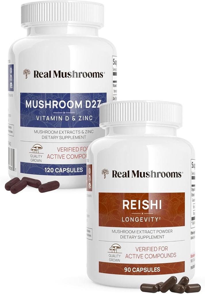 Real Sienet D2-vitamiini, Sinkki (120ct) ja Reishi 415 (90ct) Bundle Chaga - Natural Support for Immunetability, Better Sleep, and Relaxation - Vegan, Gluteeniton, Ei-GMO, Organic Sieniuutteet