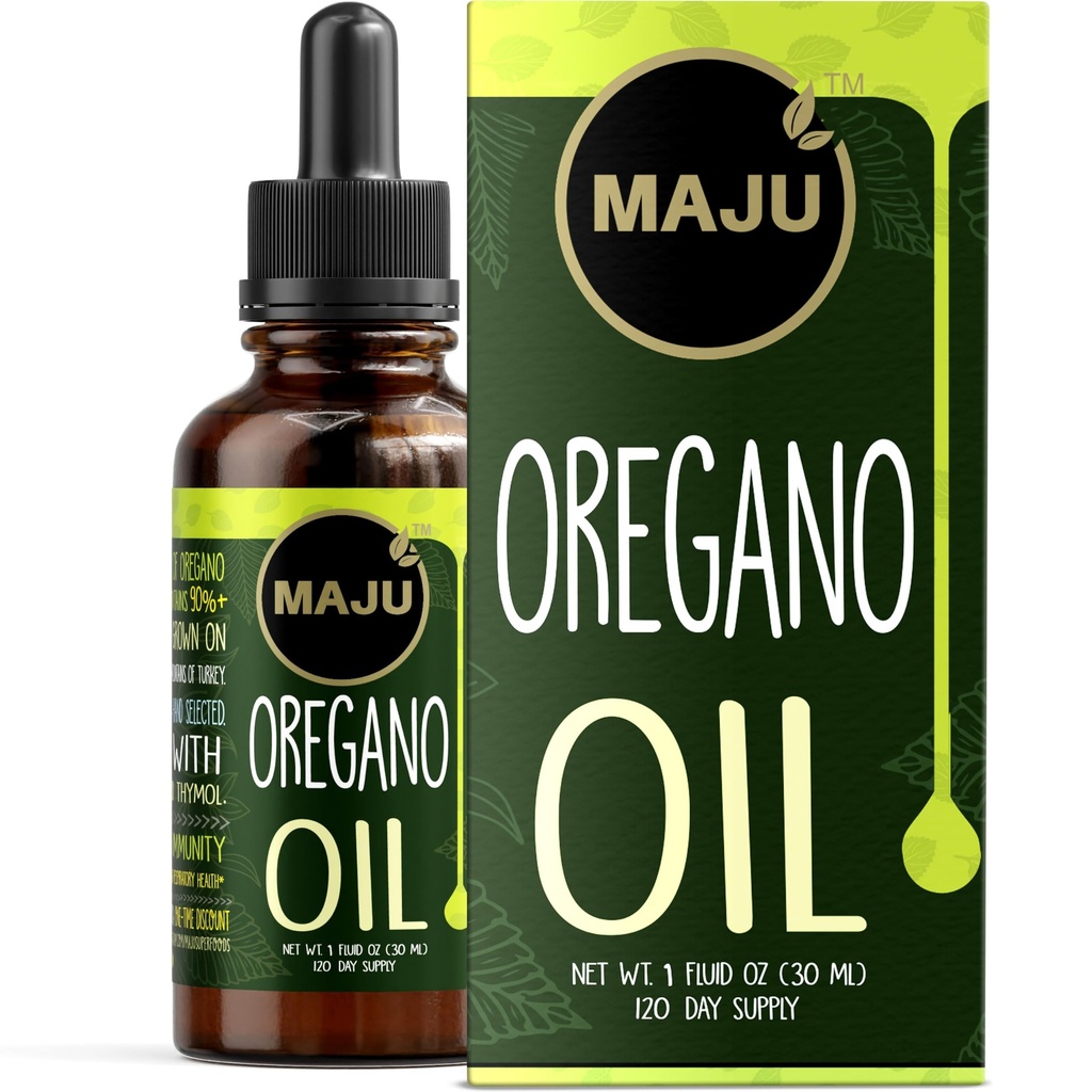 Maju Superfoods Oregano Oil Drops, Potent 90%+ Carvacrol (1 fl Oz) Wild Mediterranean Essential Oil of Oregano Liquid, Aceite de Oregano, Immuuni ja kausittainen tuki