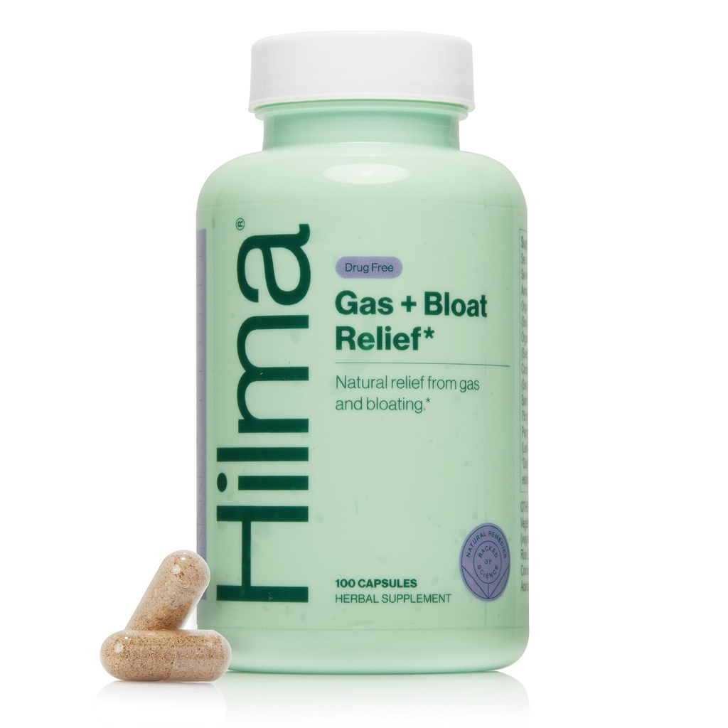 Hilma Natural Gas and Bloating Relief with Lemon Balm, Fennel & Piparmint Leaf, Doctor Formulated with Organic Ingredients, 100 Vegan Capsules