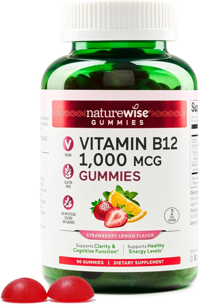 NatureWise Vitamin B12 Gummies for Adults, 1000 mcg - Strawberry Lemon Flavor - Stöder Daglig Energi, Mental Clarity, Kognitiv Funktion - Vegan, Gluten-Free, Non-GMO - 90 greve[45-Day Supply]