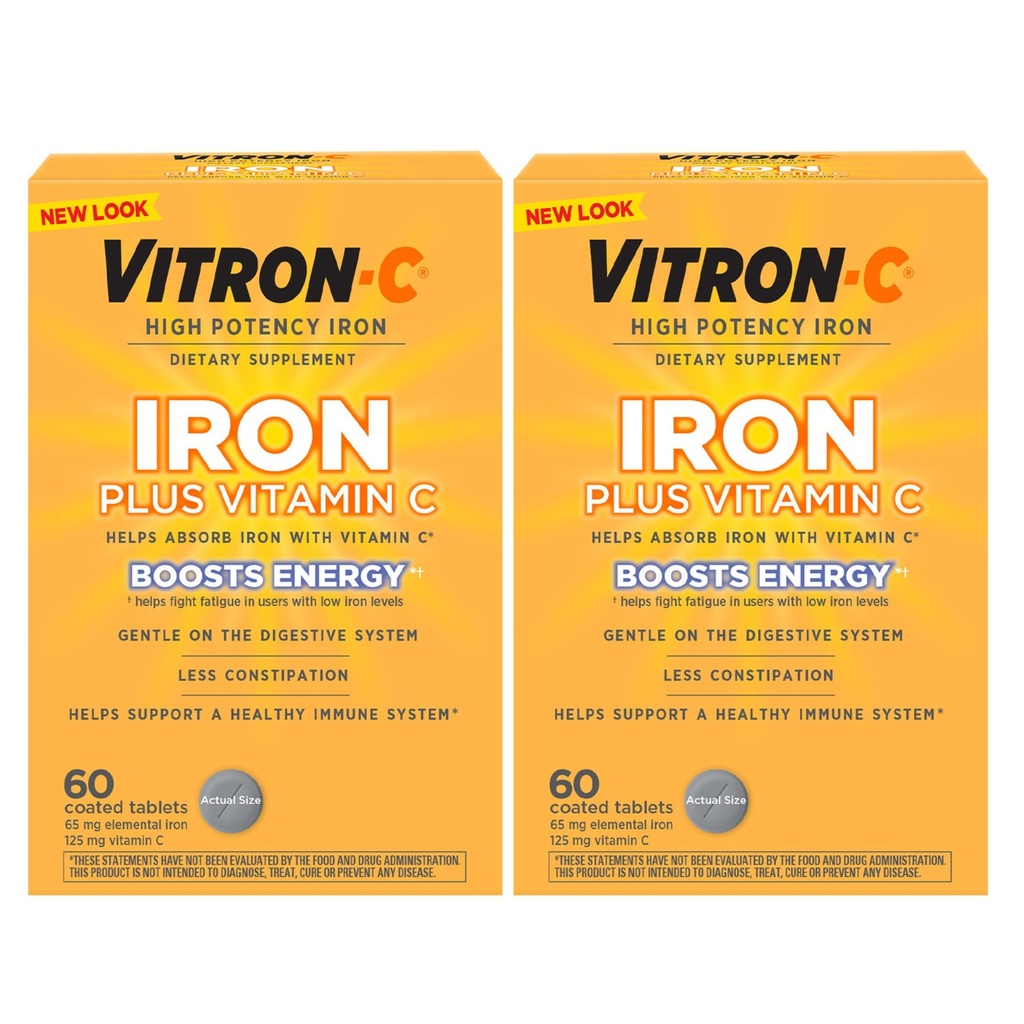 Vitron- C rauta Supplement, kerran päivässä, High Potency Iron Plus C-vitamiini, tukea punasolujen tuotantoa, väriaineeton tabletti, 60 kreivi, 2 pakkaus