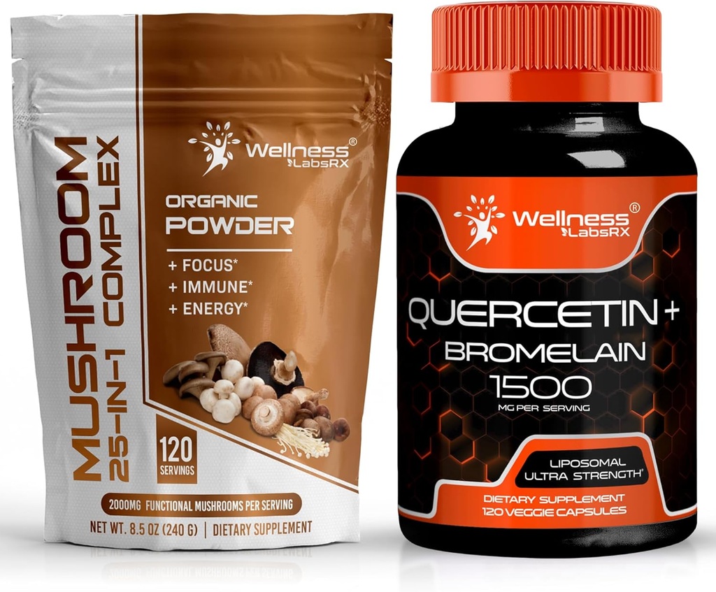 WELLNESS LABSRX Mushroom Powder 2000mg - Quercetin ja Bromelain täydennysosa - 1500mg